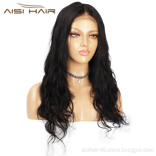Aisi Hair Wholesale 20 Inch Long Wavy Natural Black Wig 4x4  Lace Frontal Wigs Human Hair Lace Front Wigs For Women